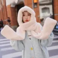 Korean solid faux rabbit fur hooded scarf winter warm hat gloves set pink variant - Khaki