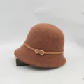 Women brown knitted bucket hat winter warm fleece cloche hat with leather belt and metal buckle - One Size / Caramel With Leather Belt
