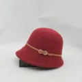 Stylish women's autumn and winter knitted bucket hat with belt decoration and gold buckle. - One Size / Wine Red With Leather Belt