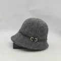 Women winter grey felt bucket hat with black belt and gold buckle Korean style warm basin hat - One Size / Gray With Leather Belt