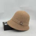 Women Winter Knit Bucket Hat Warm Casual Roll Brim Cloche Hat with Rhinestone Buckle - One Size / Khaki With Square Buckle