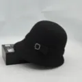 Black knitted bucket hat with rhinestone square buckle, winter warm fisherman hat. - One Size / Black With Square Buckle