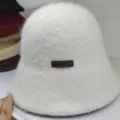 Cozy white fuzzy bucket hat for women, soft winter knitted hat with handmade leather tag. - One Size / Off-White With Handmade Label