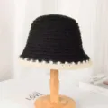 Black knitted bucket hat with white scalloped brim, stylish autumn winter warm basin hat. - One Size / Black With Contrast Edge