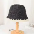Chic autumn winter knitted bucket hat for women warm casual Korean style solid color basin cap - One Size / Gray With Contrast Edge