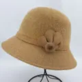 Women's autumn winter knitted bucket hat fuzzy plush warm fisherman cap with cute flower decor - One Size / Khaki With Flower Pom-Pom