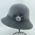 Grey winter knitted bucket hat with fluffy flower pom-pom accent warm stylish casual cap - One Size / Gray With Flower Pom-Pom