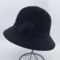 Black winter knitted bucket hat for women with elegant fuzzy flower decoration warm cloche cap - One Size / Black With Flower Pom-Pom