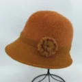 Brown knitted winter bucket hat for women, stylish rolled edge warm basin hat design. - One Size / Caramel With Dandelion Pom-Pom
