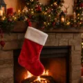 Large plush Christmas stocking detail, thick red and white holiday gift bag decoration. - Red