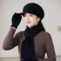 Autumn winter warm knitted beret scarf gloves set for women, solid color thick thermal hat. - Hat Scarf And Gloves Set / Black B