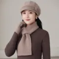 Autumn winter warm thick knit beret scarf and gloves set for women solid color cozy - Hat Scarf And Gloves Set / Khaki B