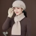 Cozy autumn winter beige knit beret scarf gloves set, warm solid color fashion accessory. - Hat Scarf And Gloves Set / Rice White B