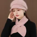 Pink knit beret hat and matching scarf set for women, warm winter fashion accessory. - Hat Only / Lotus root pink