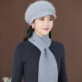 Stylish grey fluffy beret hat and warm knitted scarf set for women, perfect for autumn and winter. - Hat Scarf And Gloves Set / Gray B