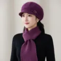 Winter warm plush beret and knitted scarf set for women, thick solid color stylish hat. - Hat Scarf And Gloves Set / Purple B