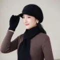 Detailed view of the women's winter warm knitted beret, scarf, and gloves set in classic black. - Hat Scarf And Gloves Set / Black A