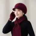 Winter warm knitted beret hat scarf and gloves set for women thick fleece lined solid color - Hat Scarf And Gloves Set / Wine Red A