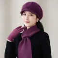 Detail shot of purple knitted beret scarf and gloves set for autumn winter warmth. - Hat Scarf And Gloves Set / Purple A