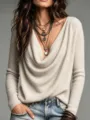 Damen einfarbiger langarm strickpullover lässiger wasserfallausschnitt oberteil für herbst. - S / Oberteile / Aprikose