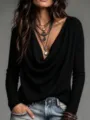 Damen lässiges einfarbiges langärmliges Strick V-Ausschnitt Top Herbst Mode Pullover Shirt - S / Oberteile / Schwarz