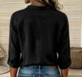 Damen Casual Schwarze Langarm Baumwolle Leinen Hemd Revers Bluse Oberteil Mode - S / Oberteile / Schwarz