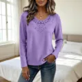 Women's casual waffle knit long sleeve t-shirt with elegant lace v-neck trim in purple. - Purple