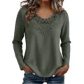 Women Long Sleeve Waffle Knit T-Shirt Casual V-Neck Lace Patchwork Autumn Green Top - Green