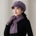 Autumn winter warm plush thickened beret hat scarf and gloves set for women elegant purple color - Hat Scarf And Gloves Set / Mocha A