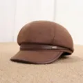 Brown wool blend newsboy cap with PU leather brim, stylish retro painter hat for women autumn outdoor. - Adult Free Size (55-57cm) / Coffee Leather Trim
