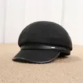 Classic black newsboy hat for women, retro octagonal cap with PU leather brim and chic metal decor. - Adult Free Size (55-57cm) / Black Leather Trim