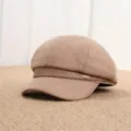 Women's retro wool blend octagonal hat with PU leather brim, autumn stylish newsboy cap. - Adult Free Size (55-57cm) / Khaki Leather Trim