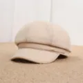 Women solid color retro newsboy cap stylish canvas painter hat casual autumn outdoor wear - Adult Free Size (55-57cm) / Beige Leather Trim