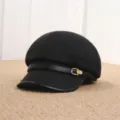 Classic black newsboy cap for women, stylish vintage baker boy hat with gold buckle detail. - Adult Free Size (55-57cm) / Black Horseshoe Buckle