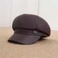 Dark brown PU leather bakerboy cap for women, retro chic newsboy hat with metal accent. - Adult Free Size (55-57cm) / Burgundy