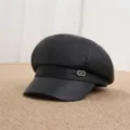 Black PU leather newsboy cap vintage octagonal painter hat stylish womens accessory - Adult Free Size (55-57cm) / Black