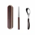 Portable 304 stainless steel chopsticks spoon set with wood grain case, size and weight. - Flat Handle (Spoon and Chopsticks Set) / White Frame Wood Grain Box
