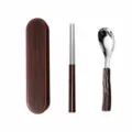 Portable stainless steel cutlery set with chopsticks spoon and storage box for travel. - Square Handle (Spoon and Chopsticks Set) / Brown Frame Wood Grain Box