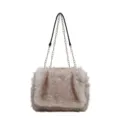 Stylish fluffy plush shoulder bag for women, winter casual crossbody furry handbag with chain. - Khaki