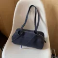 Solid color minimalist barrel shoulder bag, retro vintage daily commuter handbag for women - Blue