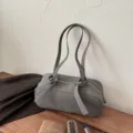 Grey minimalist Boston shoulder bag, vintage style daily commute top-handle handbag. - Gray