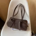 Dark brown vintage Boston shoulder bag, minimalist casual handbag with tied strap design. - Coffee