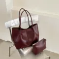 Bolso tote grande de piel sintética PU rojo vino con estuche, estilo minimalista casual. - Sin colgante / Burdeos