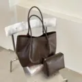 Bolso tote retro informal de gran capacidad en cuero marrón oscuro con estuche para mujer - Sin colgante / Café