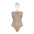 Detail view of the retro floral patterned halter swimsuit, showing the ruched bust and straps. - S / Tops