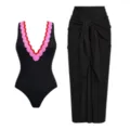 Black one-piece swimsuit with pink red scallop trim and matching tied sarong beach set. - S / Set