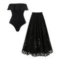 Black strapless cutout one-piece swimsuit and matching maxi skirt set for women. - S / Top And Bottom
