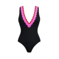Detailed close up view of women one piece swimsuit, deep V neck with pink and red scalloped trim. - S / Dress (29439)
