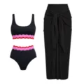 Women three-piece split swimsuit black scalloped trim bikini set with beach wrap skirt - S / Set