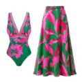 Détails de l'ensemble maillot de bain une pièce et jupe longue motif imprimé floral. - S / Haut et Bas